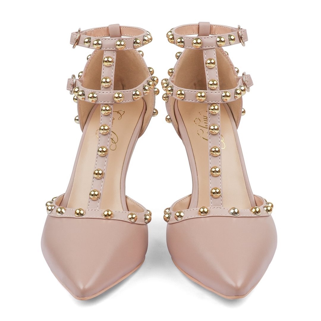 100mm Womens Pointed Toe Pumps Round Rivets Ankle Strap Sandals-MERUMOTE