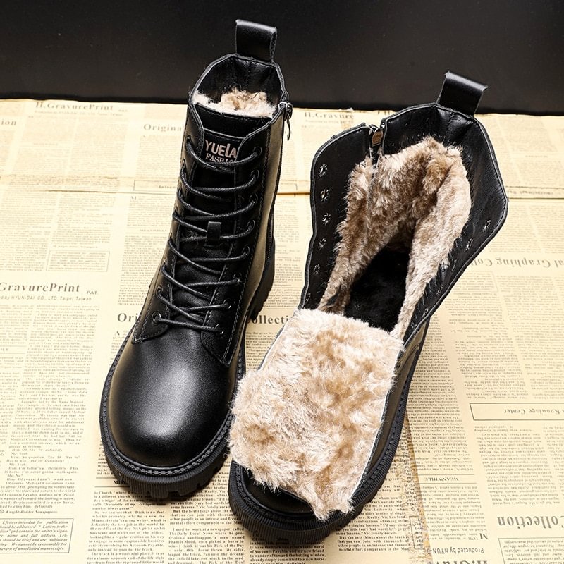 Breakj Boots Women Shoes Black Leather Boots Fur Ankle Booties Velvet Plush Warm Platform Shoes Fashion Designer Botas