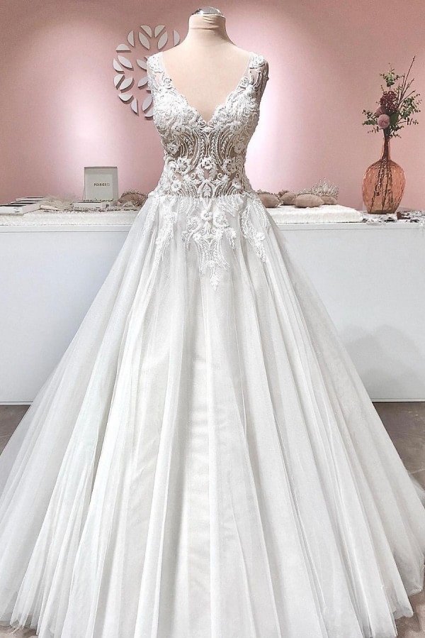 Simple A-line Backless Ruffles Deep V-neck Wedding Dress Tulle With Appliques Lace | Ballbellas Ballbellas