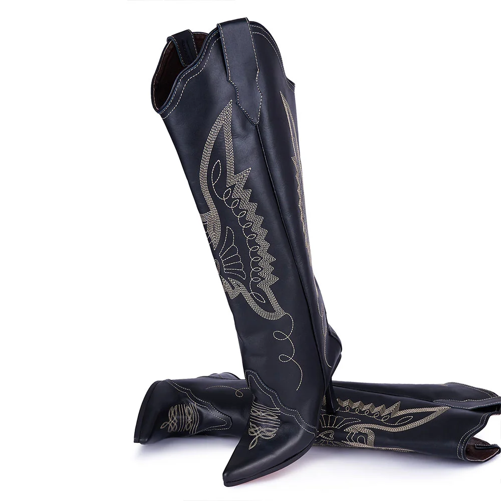 Black Pointed Toe Embroidered Flared Heel Knee-High Cowgirl Boots