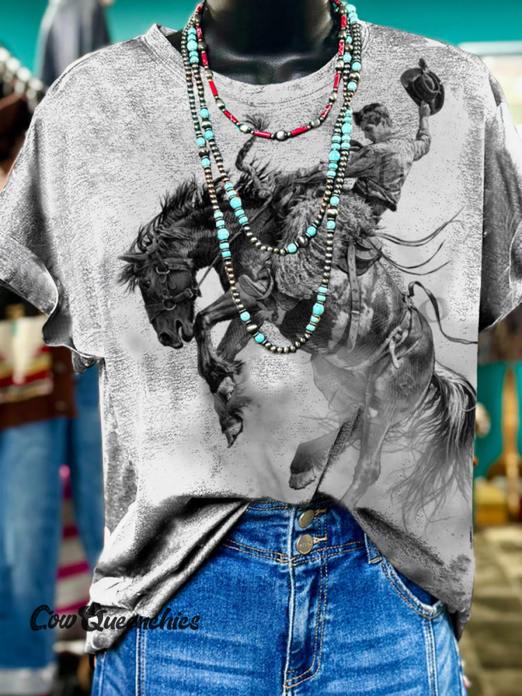 Black and White Cow Boy Print Casual Round Neck Short Sleeve T-Shirt Multicolor / S