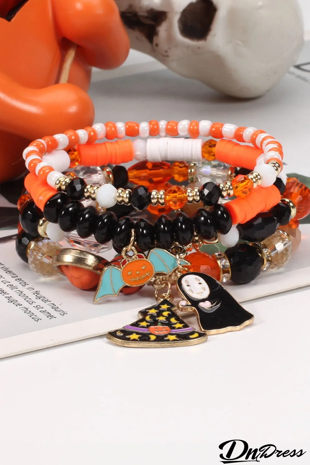 Orange Halloween Pumpkin Ghost Pendant Layered Beaded Bracelet Set
