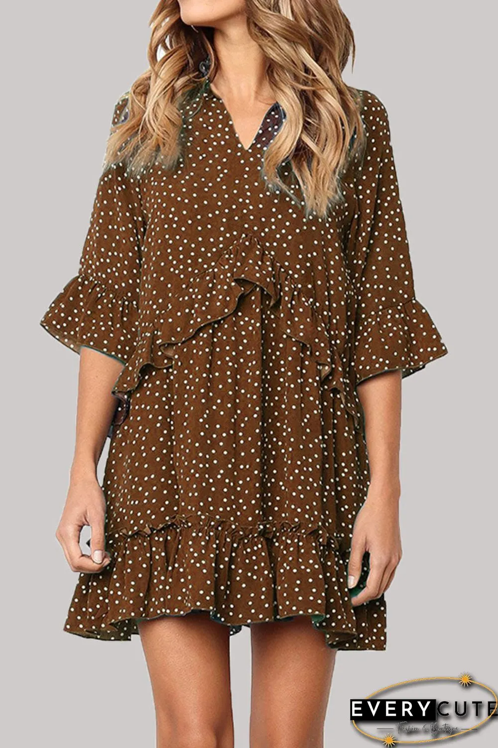 Fashion Casual Polka Dot Split Joint V Neck Princess Dresses