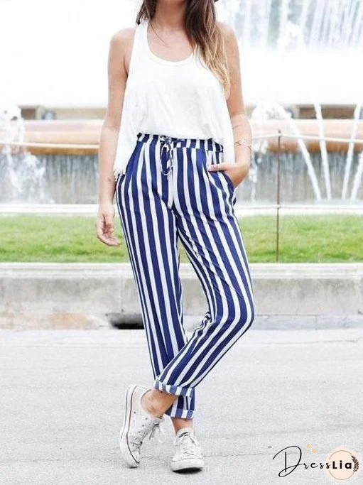 White Tank Top & Blue Striped Pants for Women