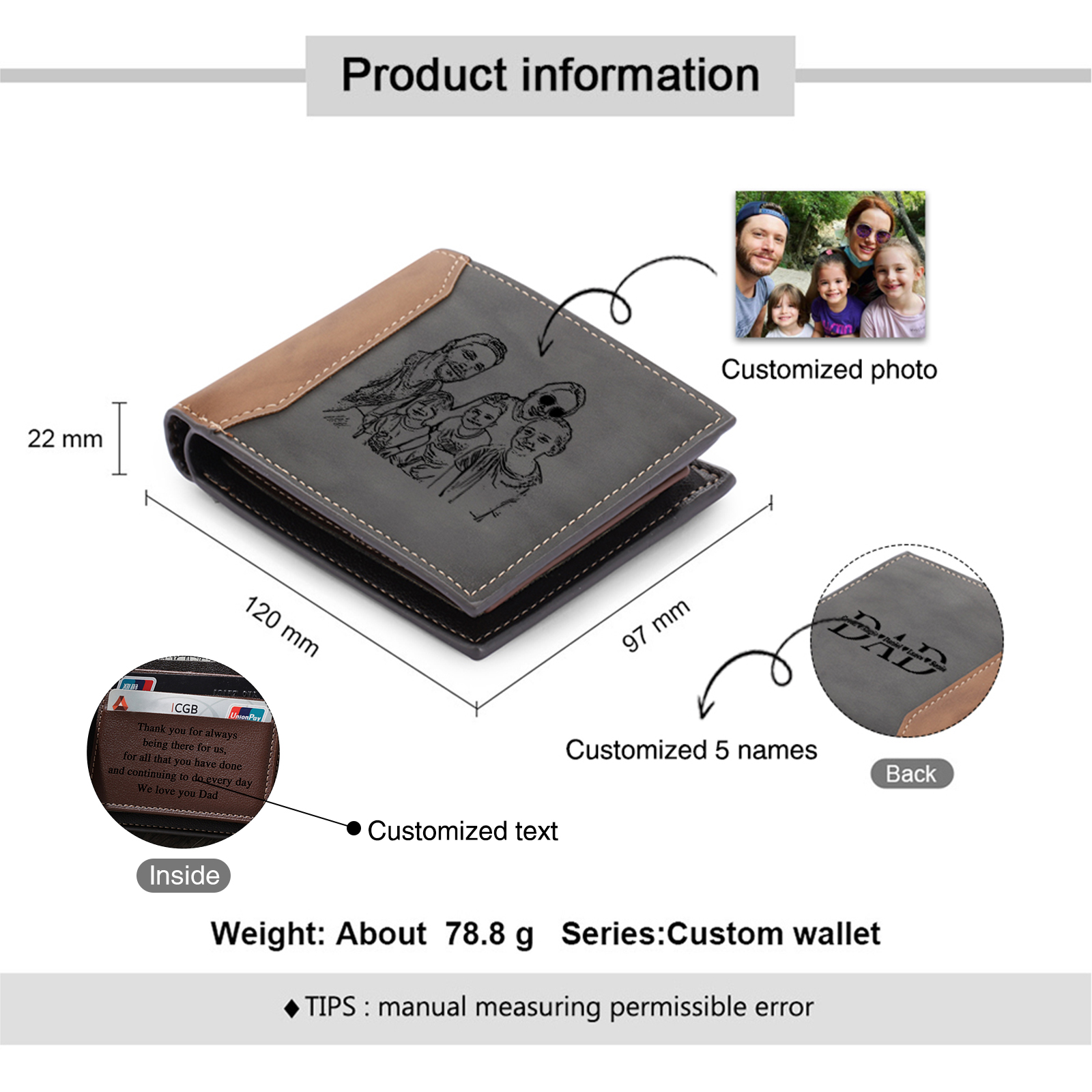 5 Names - Personalised Dad Billfold Wallet Custom Name & Photo & Text Leather Wallet Father's Day Gifts-Jessemade AU