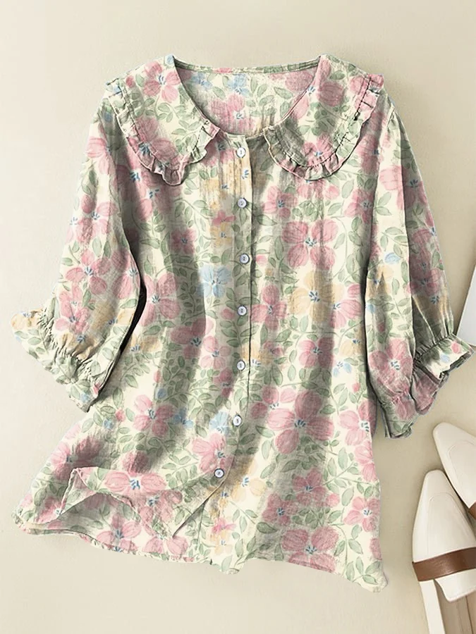 Vintage Floral Cotton and Linen Peter Pan Ruffle Collar Shirt