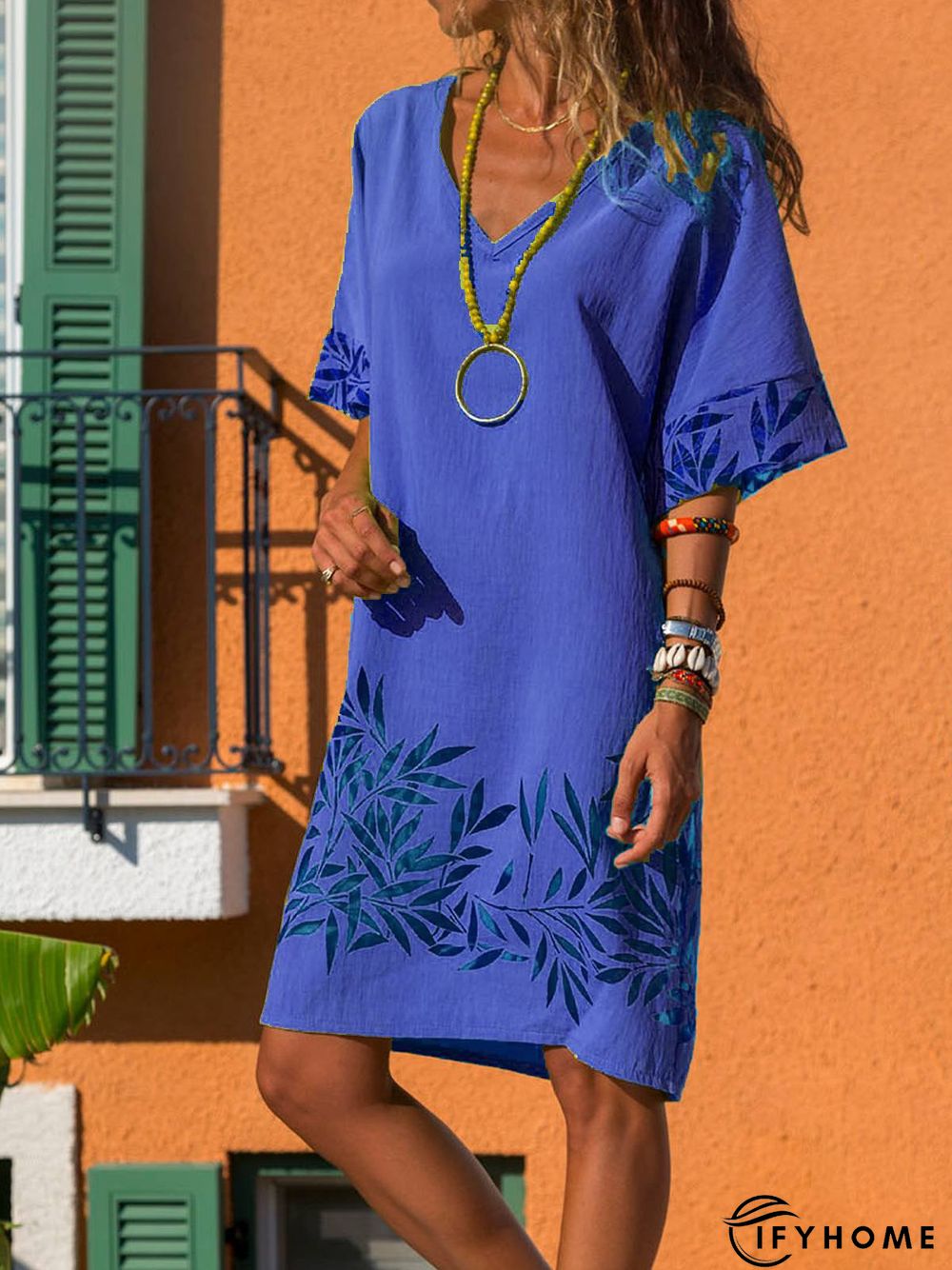 Casual Cotton-Blend V Neck Weaving Dress | IFYHOME