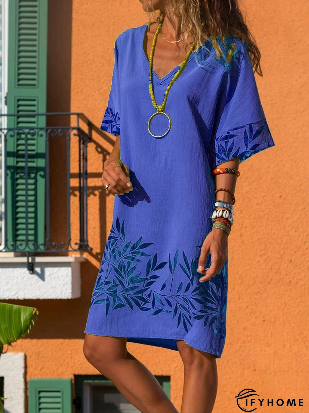 Casual Cotton-Blend V Neck Weaving Dress | IFYHOME