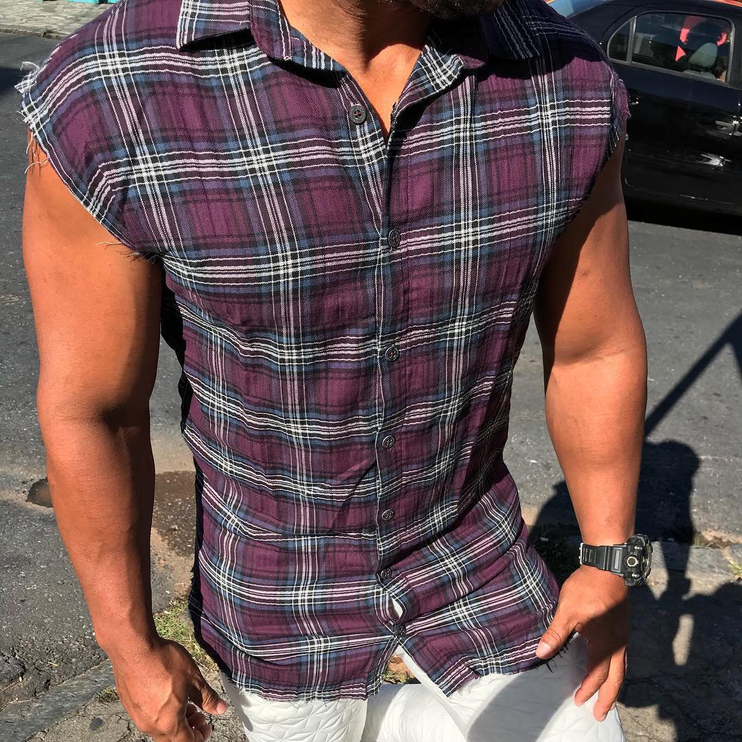 Men's Summer Sleeveless Shirt Casual Breathable Geometric Plaid Print Cardigan、、URBENIE