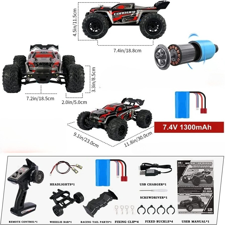 Tegooe 116 Scale High Speed RC Off-Road Racing Truck - 4WD Remote Control Toy