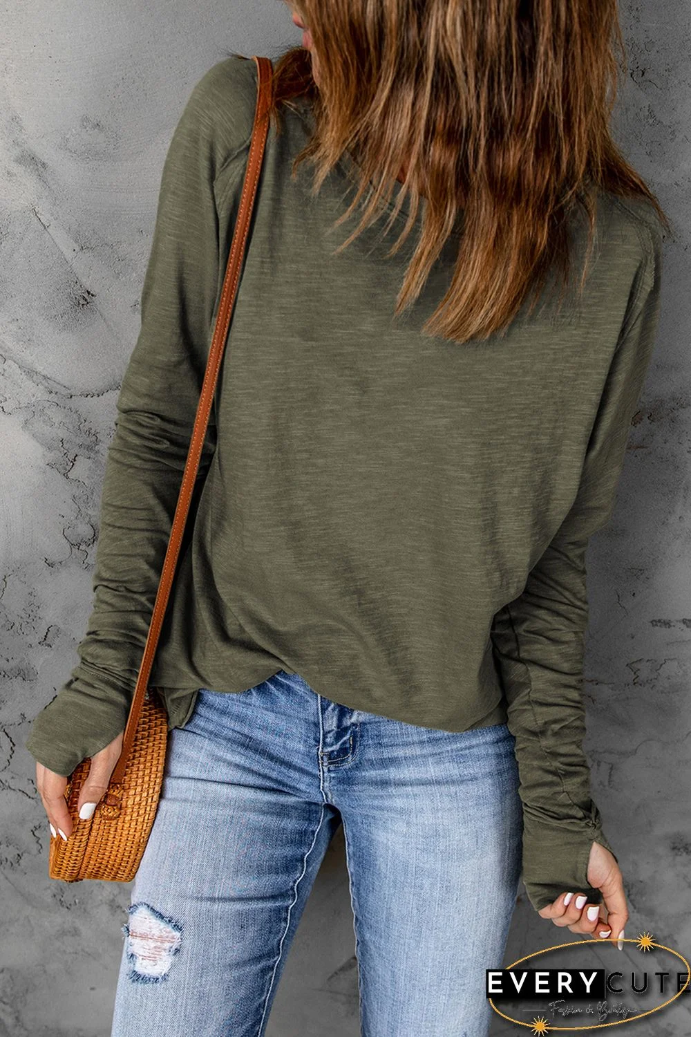 Green Solid Crew Neck Long Sleeve Long Sweatshirt