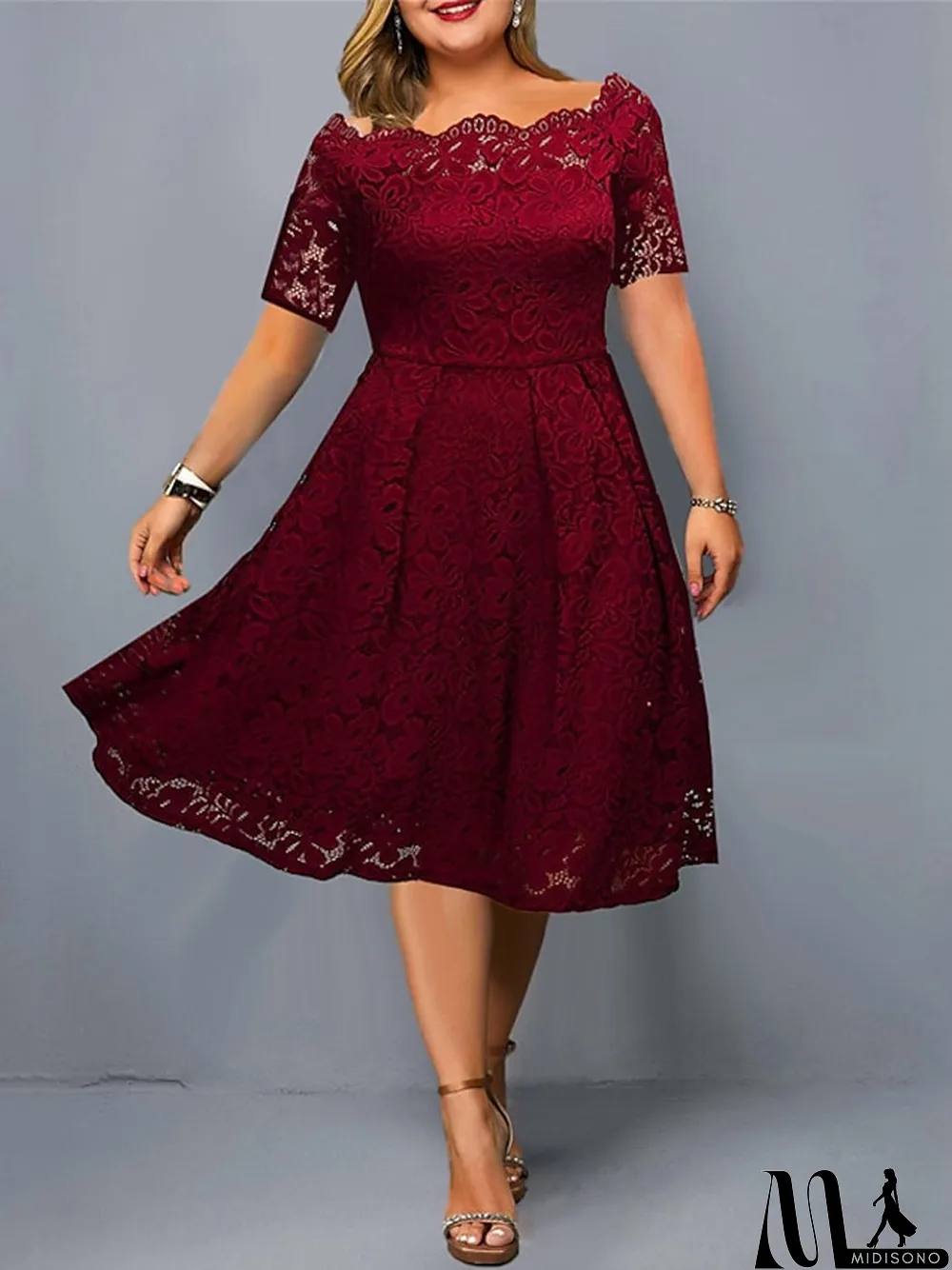MidiSono - Women's Lace Dress Plus Size Red Chirstmas Dress Curve Party Dress Solid Color Off Shoulder Short Sleeve Fall Spring Elegant Formal Midi Dress Formal Party Dress