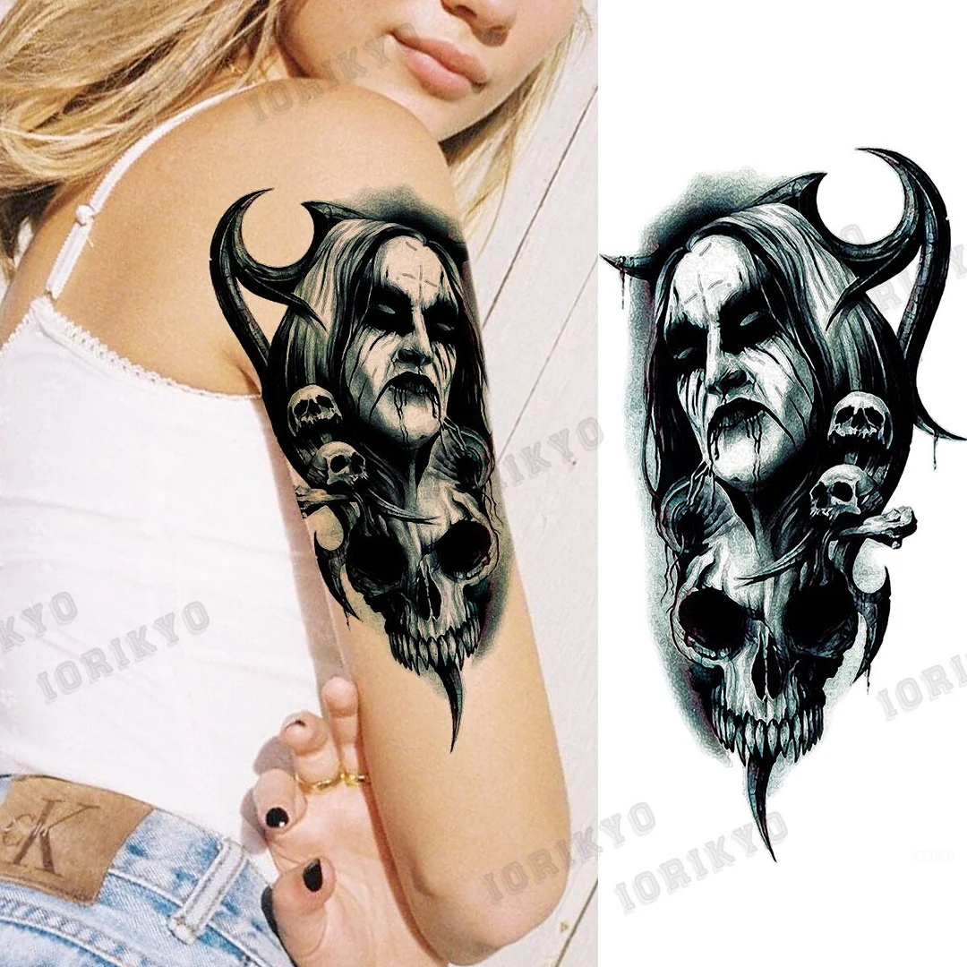 Black Devil Vampire Arm Temporary Tattoos For Women Adult Skull Lion Crown Compass Fake Tattoo Washable Body Art Painting Tatoos