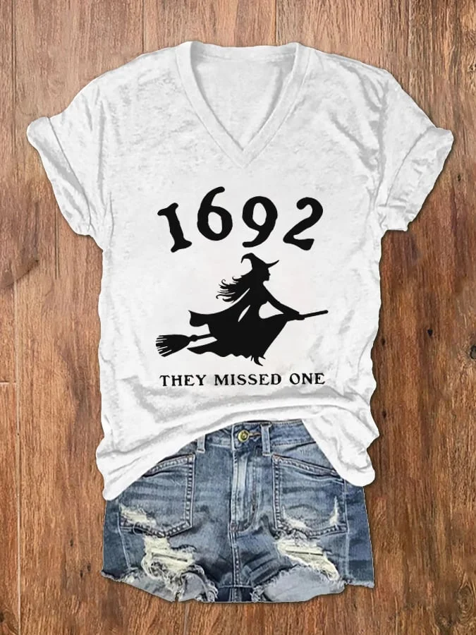 Women's 1692 Witch They Missed One Print V-Neck T-Shirt socialshop