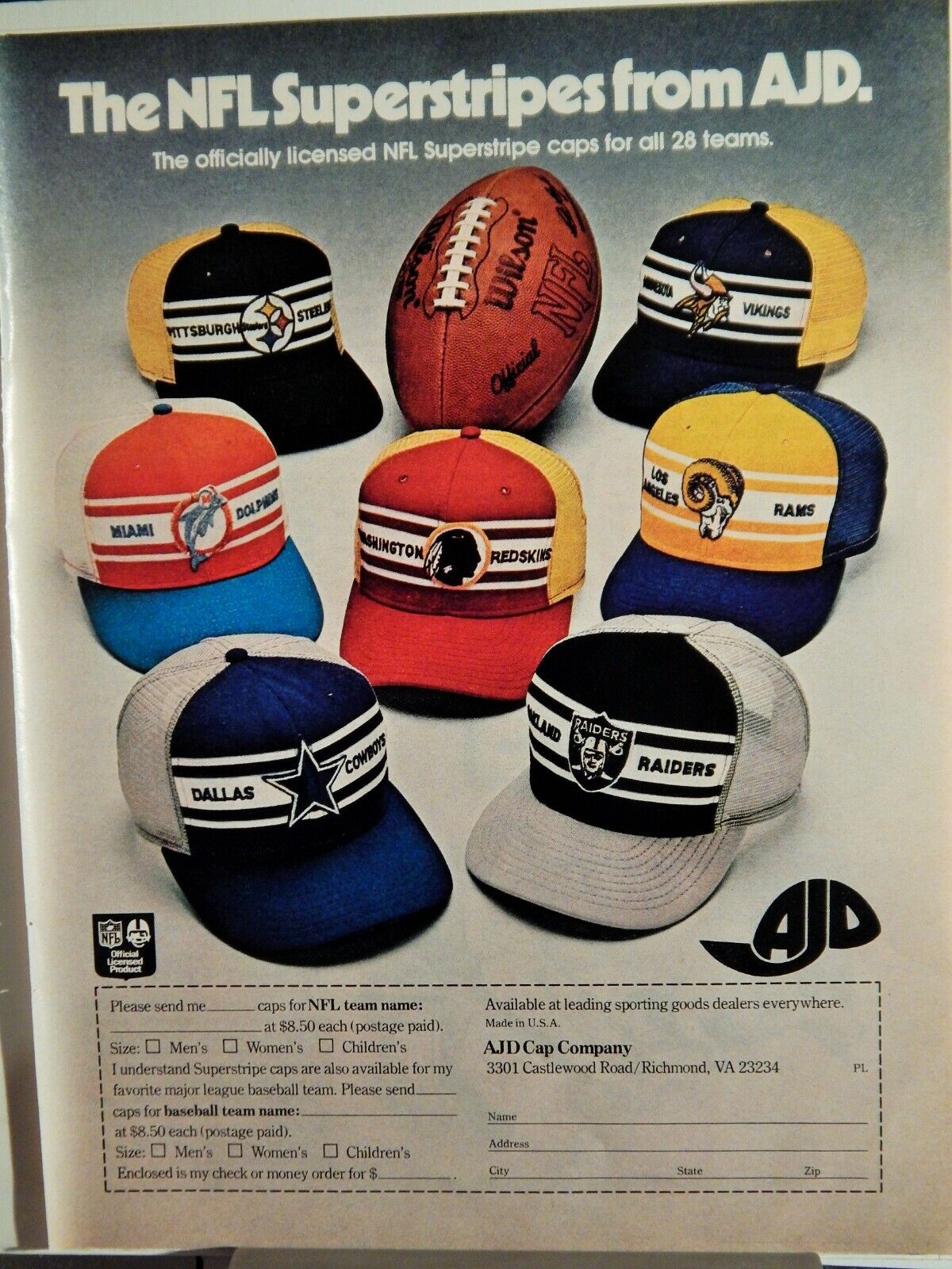 AJD NFL SUPERSTRIPES OFFICIAL CAPS ORIG. VTG 1977 Photo Poster painting AD,