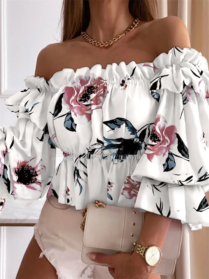 New Fashion Floral One Shoulder Short Pleated Shirt Blouse