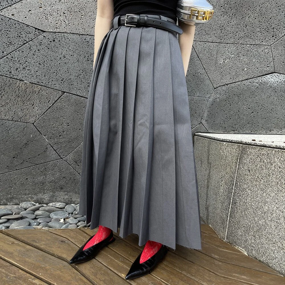 Cartoonh Korean Fashion Midi Skirt For Women High Waist A Line Ruched Solid Minimalist Long Skirts Female Summer Clothes New