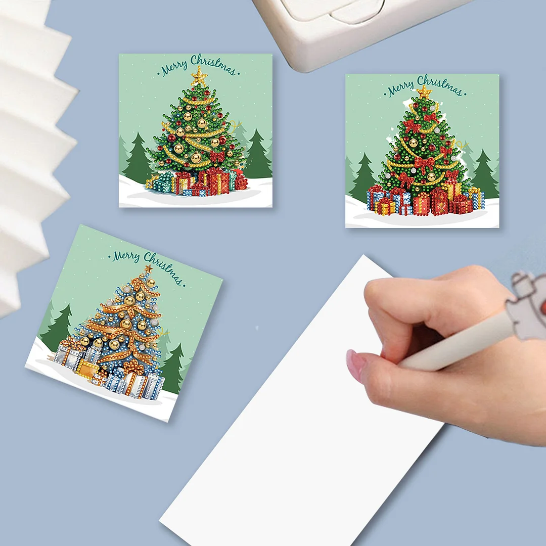 8pcs DIY Christmas Tree DIY Diamond Painting Greeting Card for Friends Family Gift【With White Envelope】