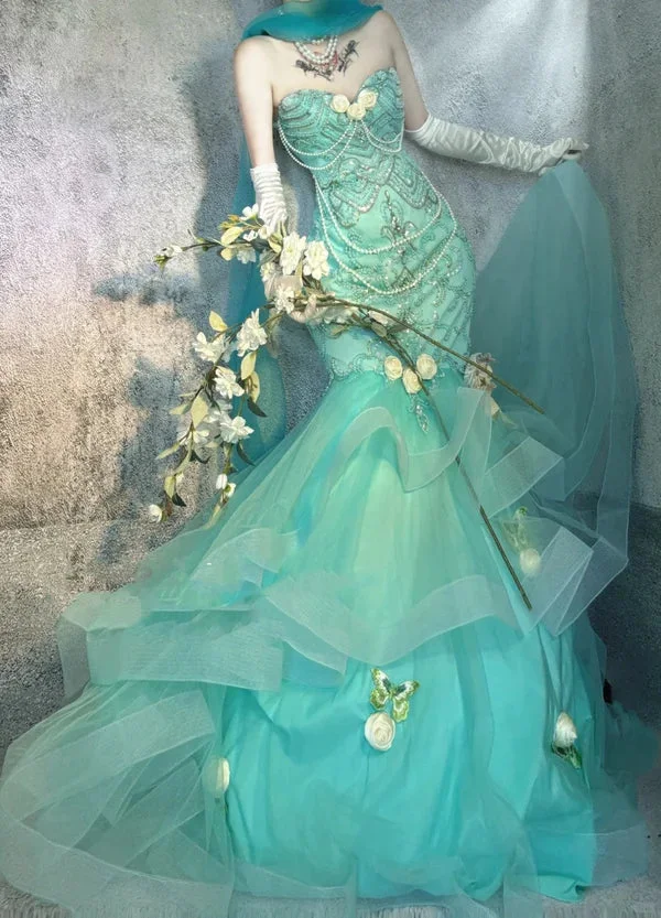 Blue gorgeous exquisite beaded long satin ball gown evening dress party dress