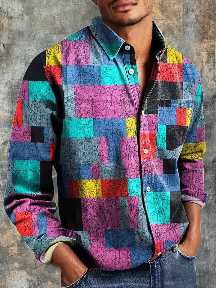 Men's Vintage Line Color Block Art Print Long Sleeve Pocket Shirt
