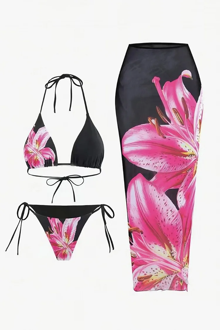 Floral Print Maxi Skirt Halter Tie Up Bikini Swimsuit 3pcs Set-Black