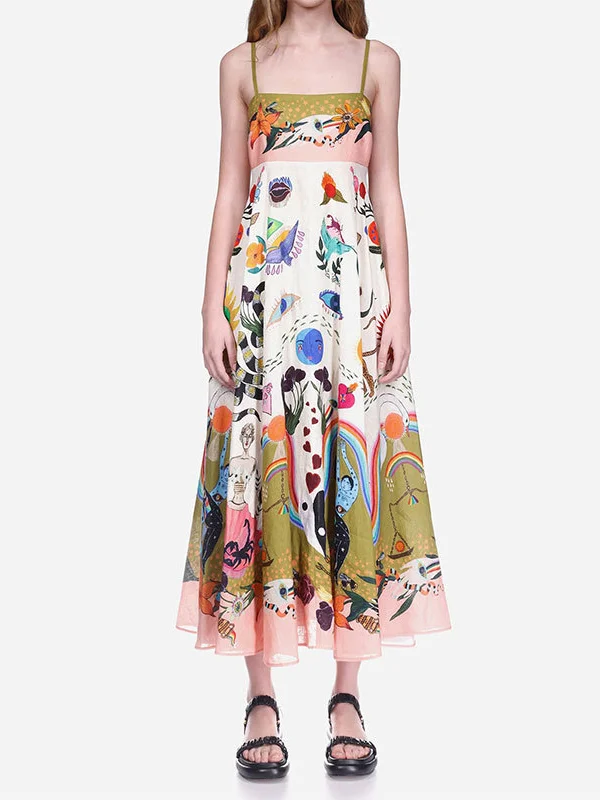 Elegant High-Waist Floral Print Suspender Casual Maxi Dresses