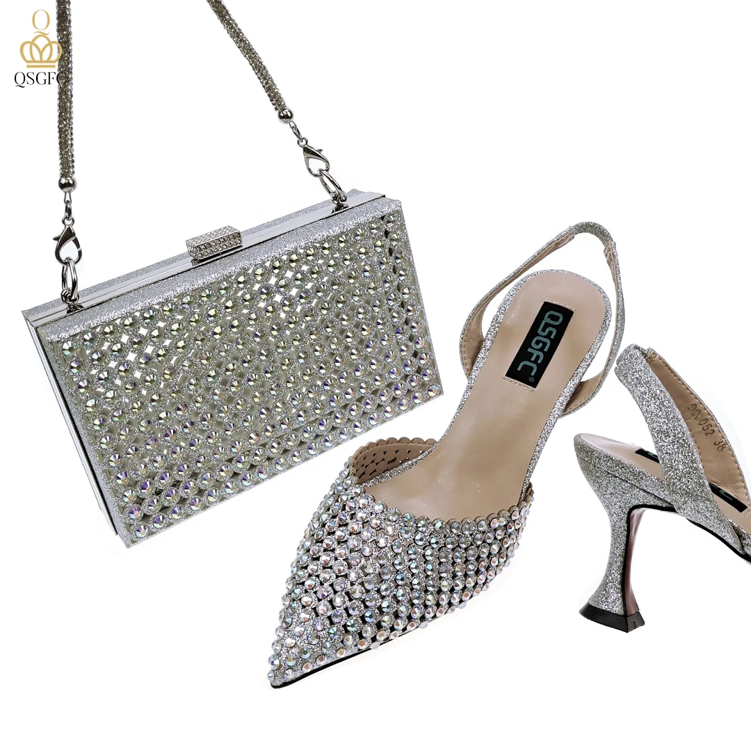 QSGFC New Arrival Popular Cutout Style In Nigeria Italian Design Elegant D.Purple Color Ladies Shoes and Bag For Party Wedding