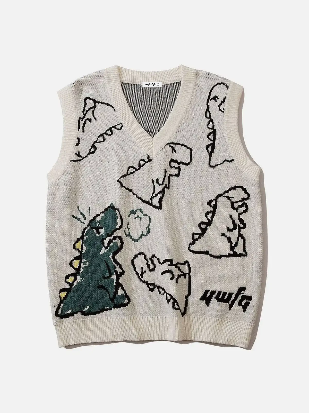 Beige Cartoon Dinosaur Graphic Sweater Vest Front