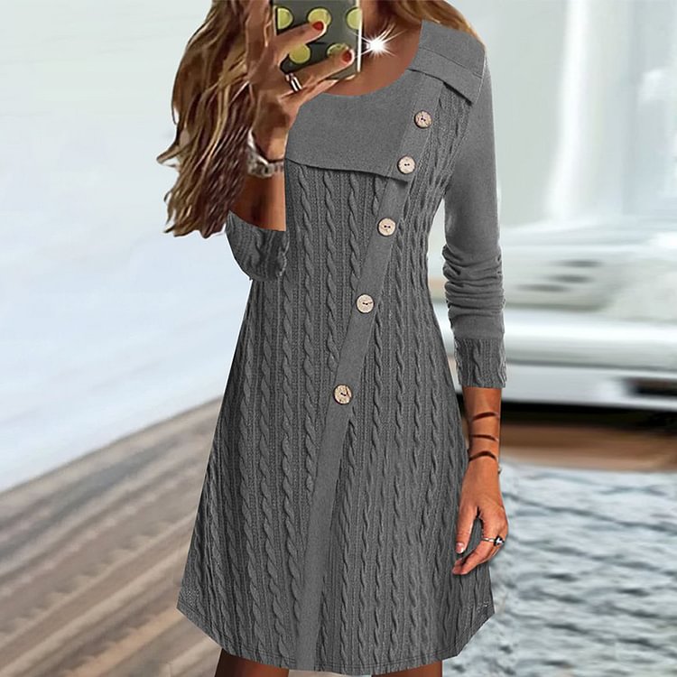 Comstylish Casual Gray Crew Neck Buttons Paneled Long Sleeve Midi Dress