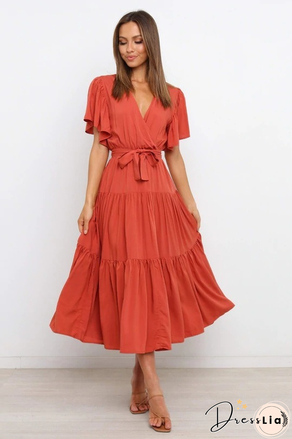 Boho Beach Vacation Summer Women Dresses New Solid V-Neck Short Ruffle Sleeve Lace-up Swing High Waist A-line Long Dress