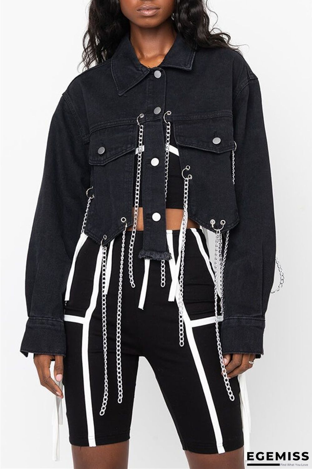 Black Fashion Casual Patchwork Chains Turndown Collar Long Sleeve Regular Denim Jacket | EGEMISS