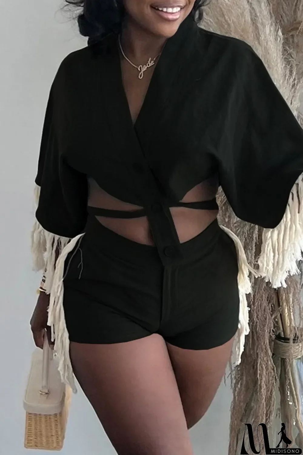 MidiSono - Orange Fashion Casual Solid Tassel Split Joint Frenulum V Neck Half Sleeve Two Pieces