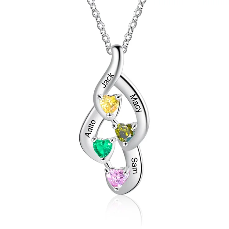 925 Sterling Silver Personalized Birthstone Necklace, Engraved With 4 Name And 4 Birthstone