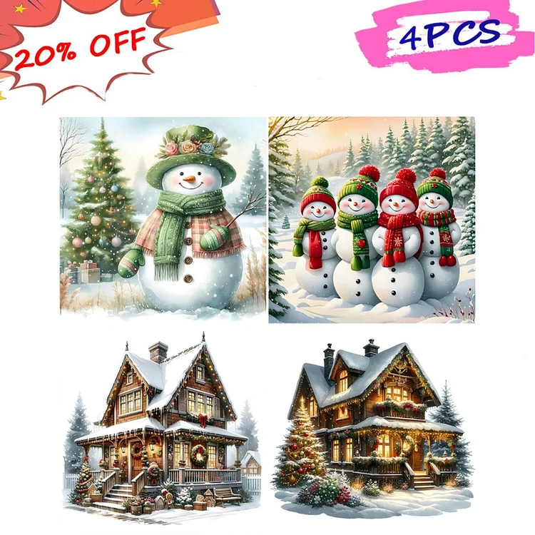 4pcs Christmas Cottage Snowman 30*30CM (Canvas) Full Round Drill Diamond Painting gbfke