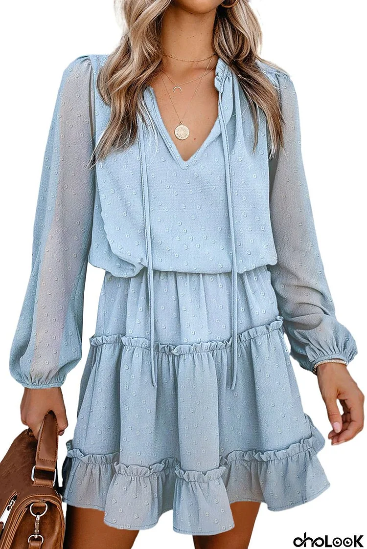 Swiss Dot Bubble Sleeve Ruffle Mini Dress