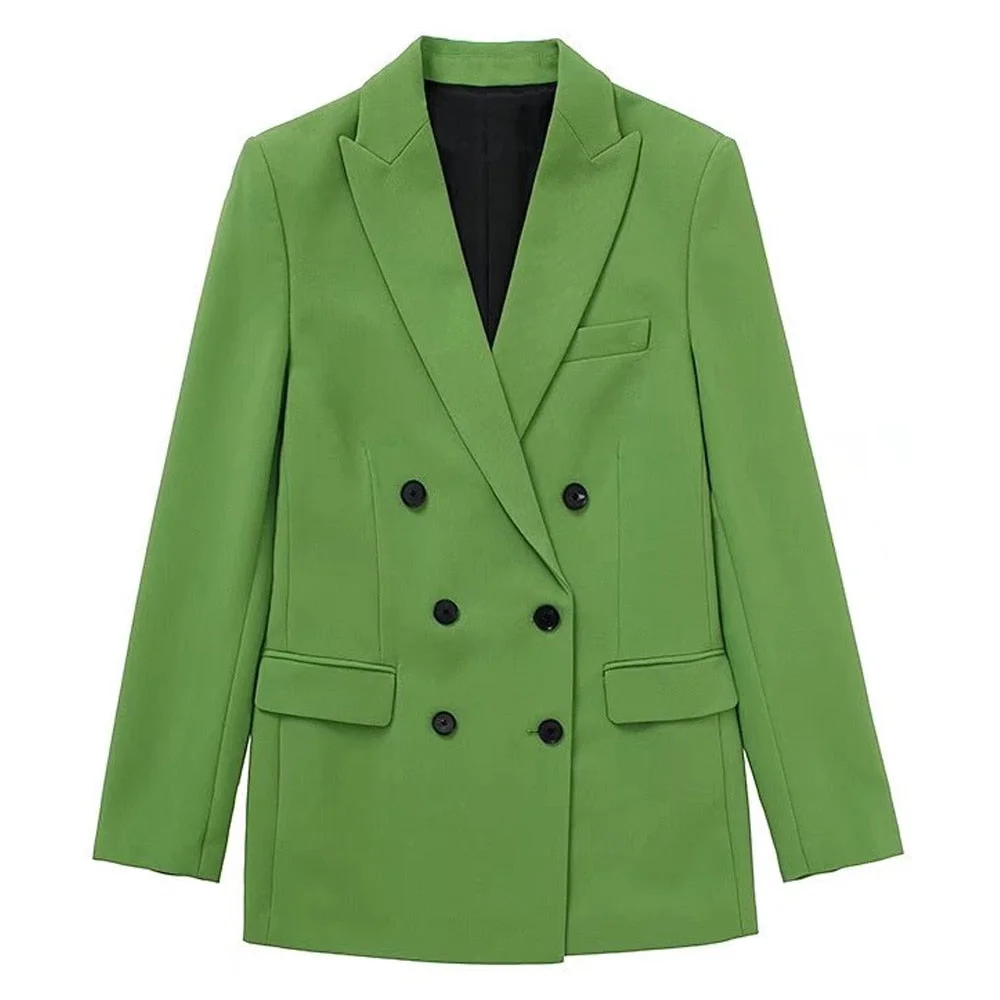 TRAF Women Fashion Double Breasted Blazer Coat Vintage Long Sleeve Flap Pockets Female Outerwear Chic Veste Femme