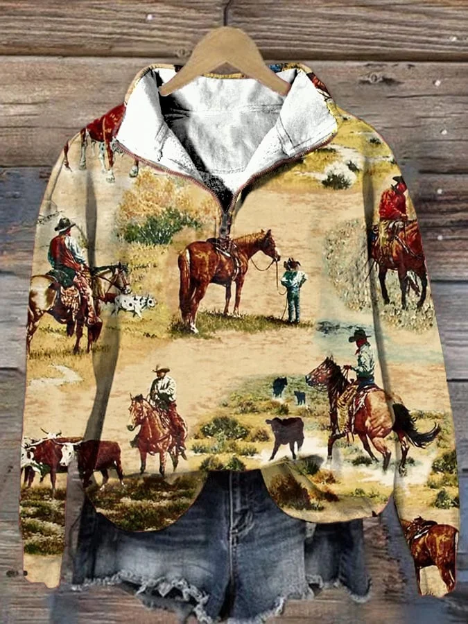 Western Retro Print Zipper Sweatshirt