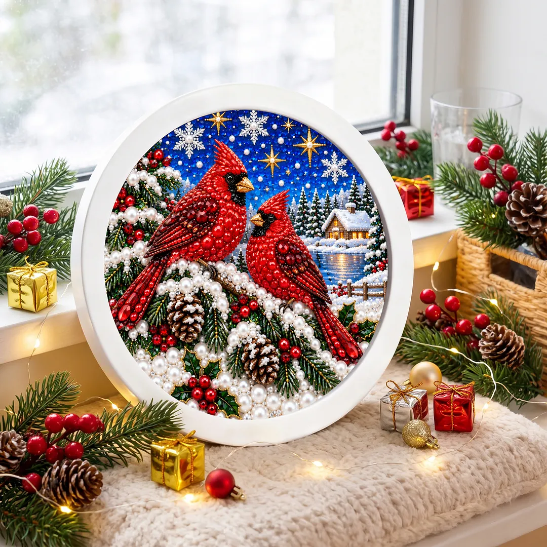 Framed Diamond Painting Cardinal Holiday Kit Round 7.87x7.87in