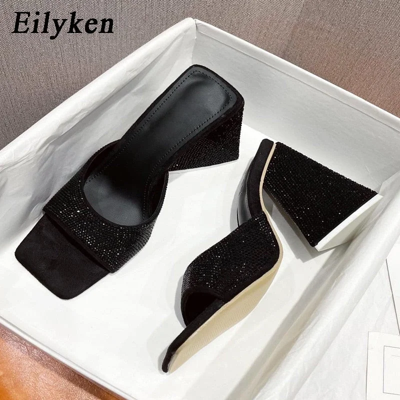 Eilyken 2022 New Summer CRYSTAL Triangle Thick heel Slippers Sexy Street Woman Square toes Dress Party shoes size 35-41