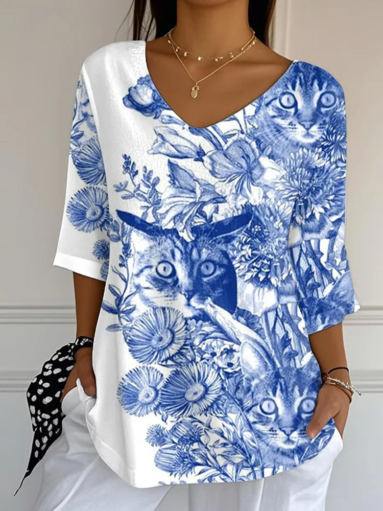 Simpfit Damen-T-Shirt mit mittellangen Ärmeln und realistischem Retro-Tierkatzen-Print