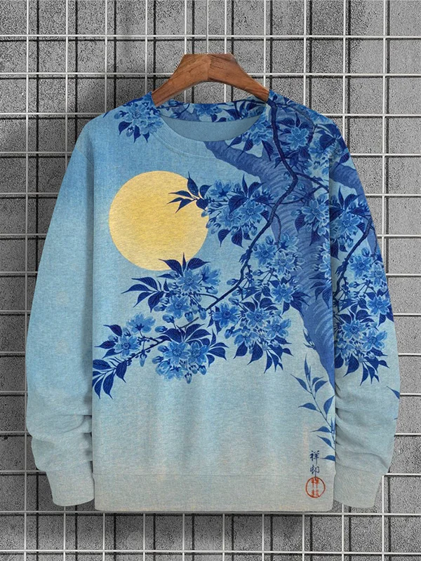 Men's Full Moon Cherry Blossom Art Print Ombre Casual Sweatshirt