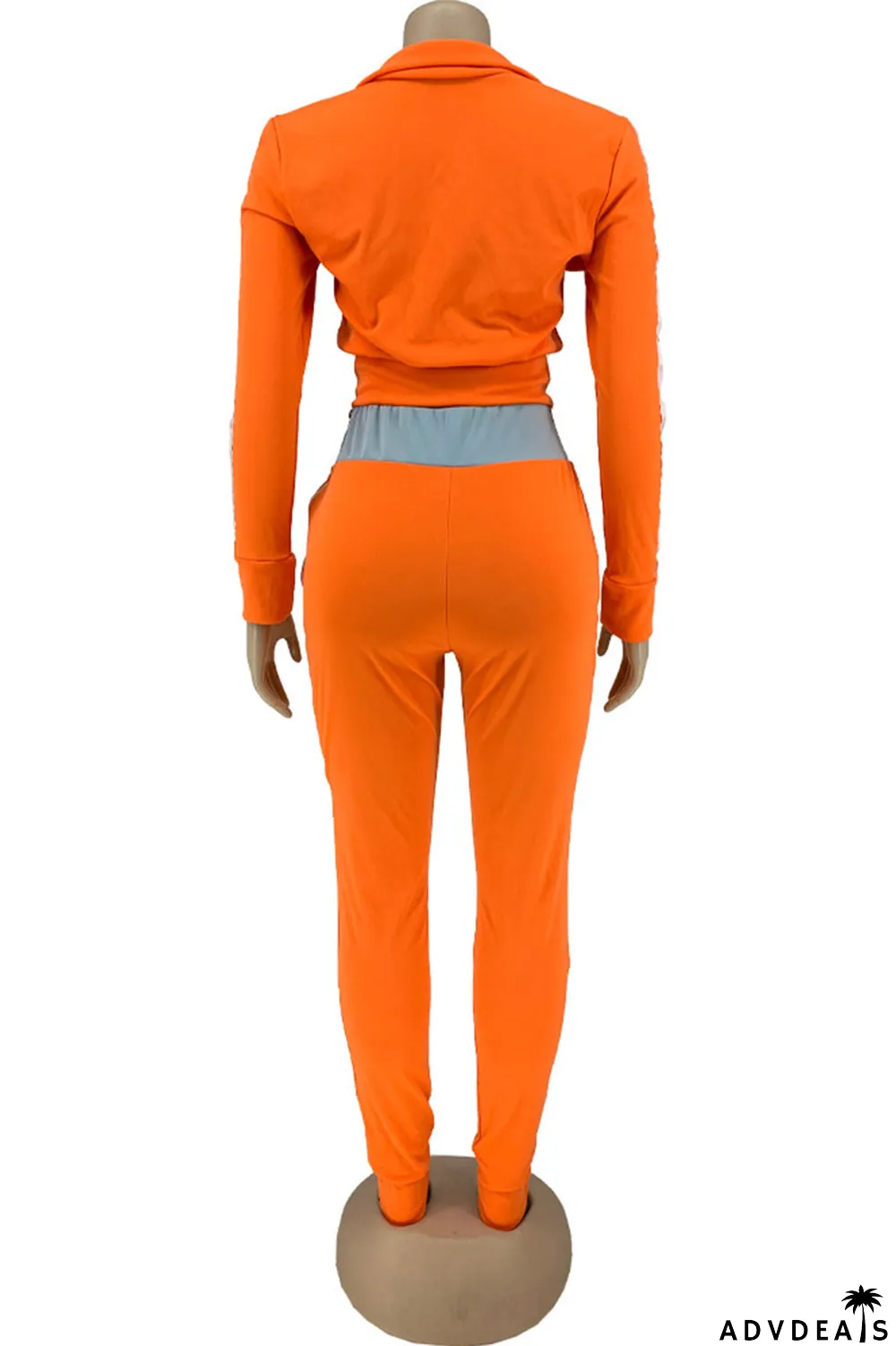 Orange Sportswear Solid Patchwork Turndown Collar Long Sleeve Two Pieces
