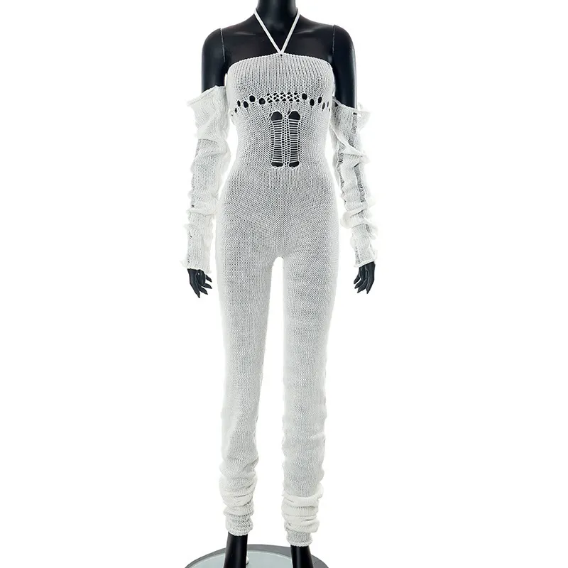 Uveng Uveng Women's 2023 Autumn And Winter 2023 New Woolen Sleeve Hanging Neck Tie Hollow Jumpsuit Pile Trousers