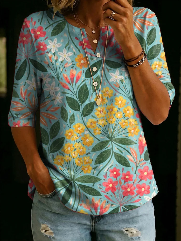 Women&rsquo;s Floral Pattern Art Casual Classic Henley Collar 100% Cotton T-shirt