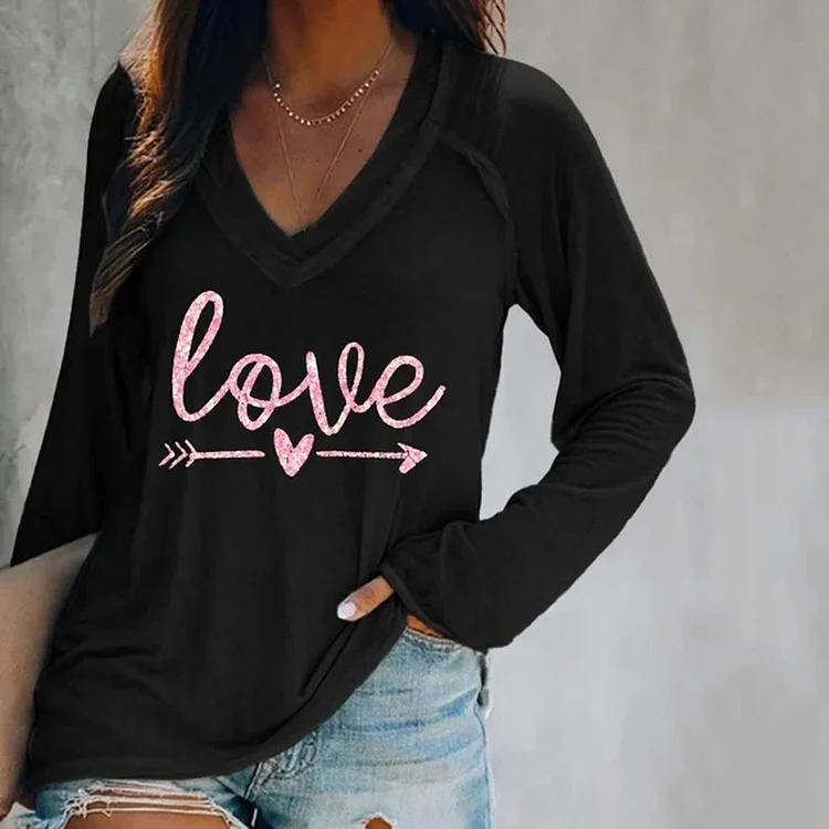 Love Valentine's Day Print V-Neck Casual T-Shirt
