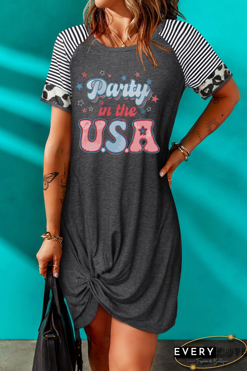 Gray Party in the USA Leopard Striped Sleeve Dress