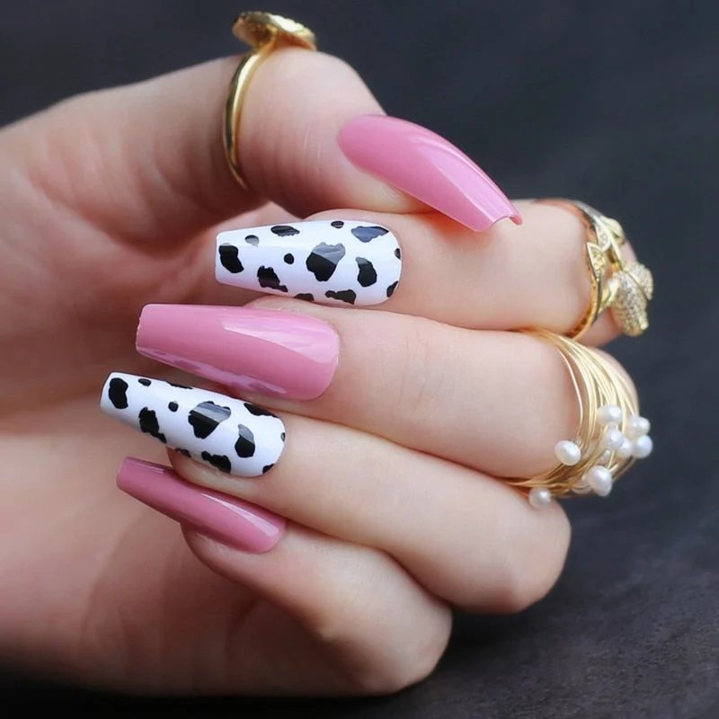 Black white mix and match cow print fake nails Medium coffin false nail UV design gel popular Black spots-Nail Inspo