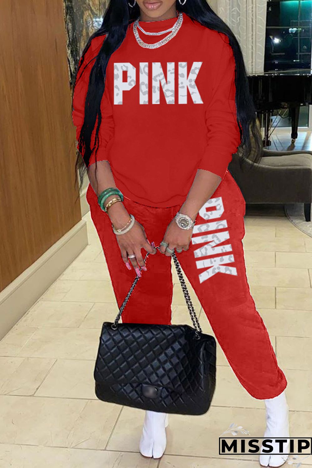 Blue Casual Letter Print Patchwork O Neck Long Sleeve Two Pieces