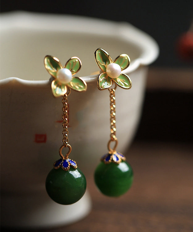 VCSHOES Green Clover Floral Jade Gem Stone Drop Earrings