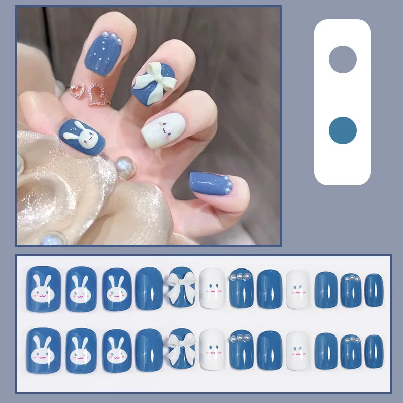 Bayuyun 24Pcs/Set Coffee Leopard French Fake Nails with Diamonds Japan Korean Artificial Acrylic Press on Nails Removable Stick on Nails